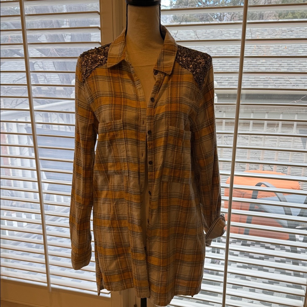 Free People Plaid Long Sleeve Shirt with Sequin Detail - Picture 3 of 6